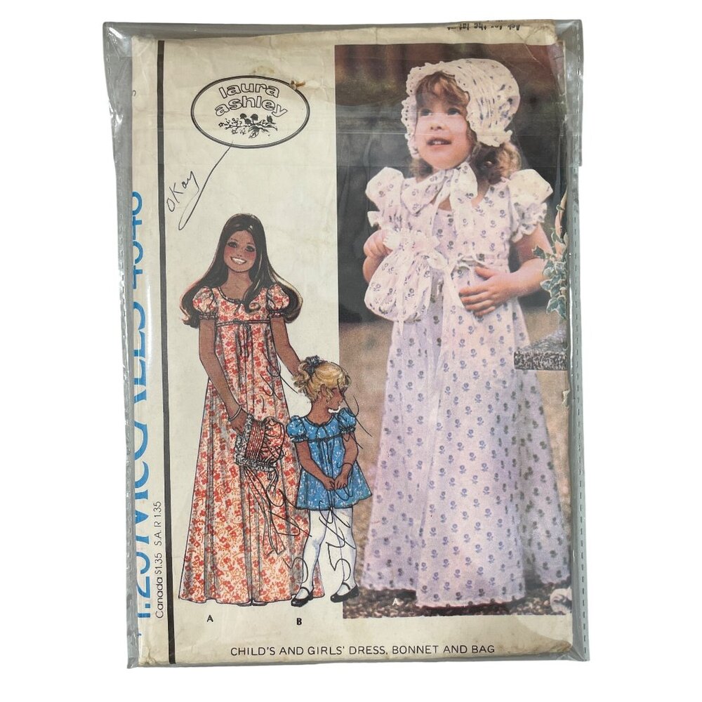 70s McCalls Laura Ashley 4548 Sewing Pattern Size 3 Girls Dress Bonnet Bag UNCUT